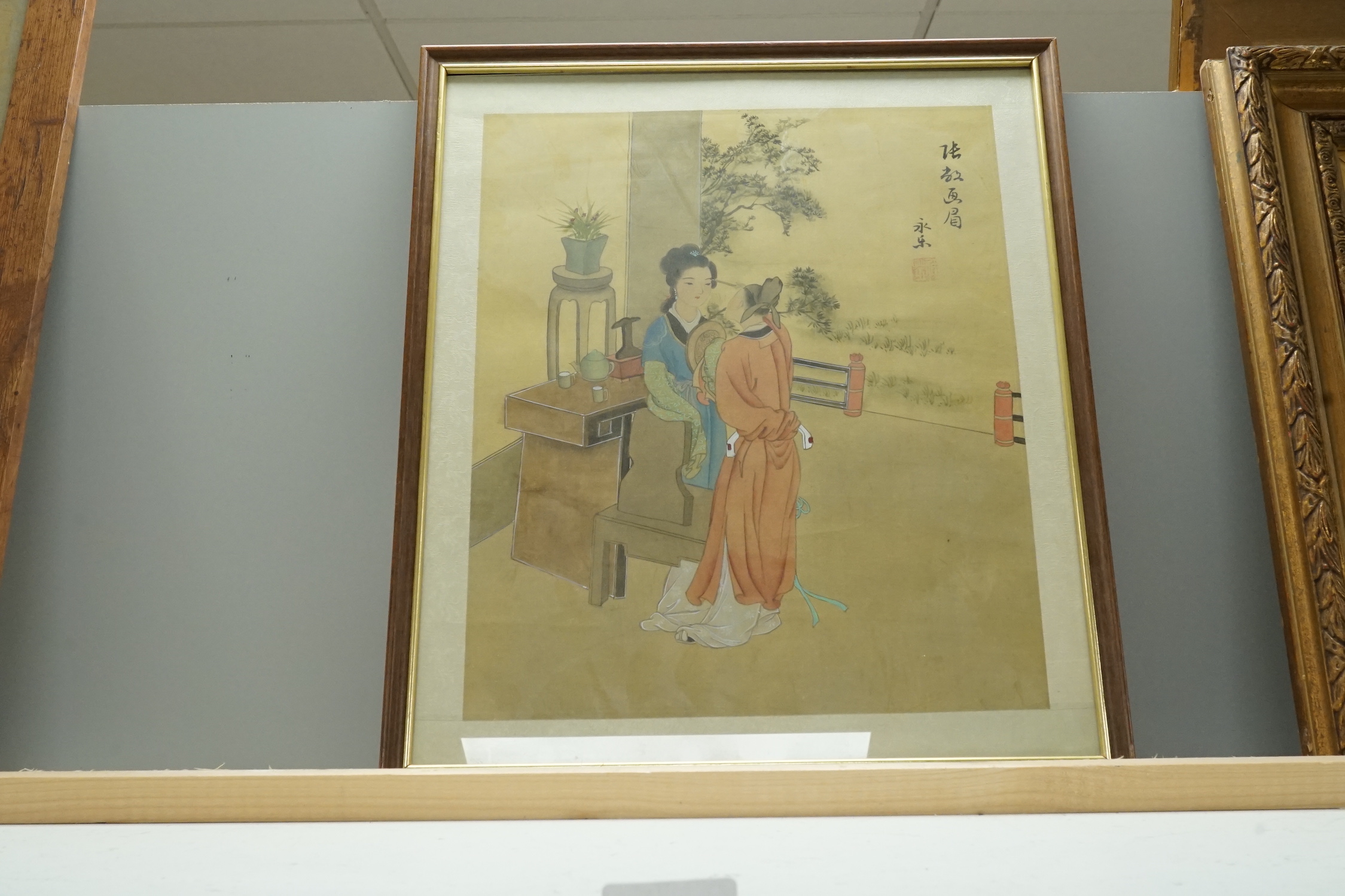 Chinese School, watercolour on silk, Woman seated in a garden, and small companion piece, largest 36 x 30cm